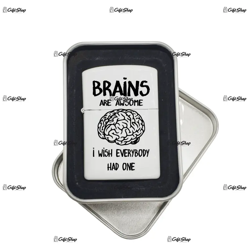 Brains are awsome, bricheta metalica gravata laser cu mesaj